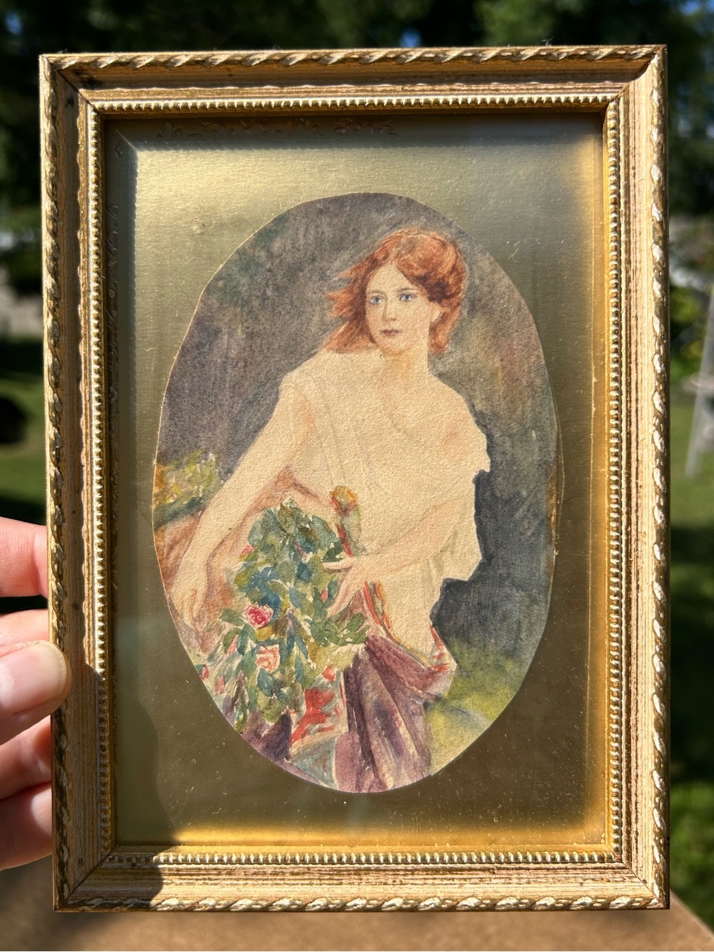 Vintage Painting Framed Art Woman with Bouquet Watercolor Gallery Wall 5x7